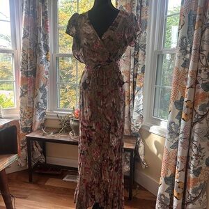 ELF Brown and Tan Maxi Sundress with Flutter Sleeves